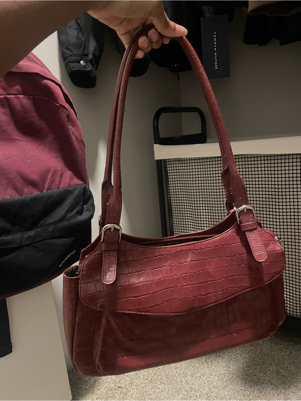 Burgundy Croc-Embossed Shoulder Bag